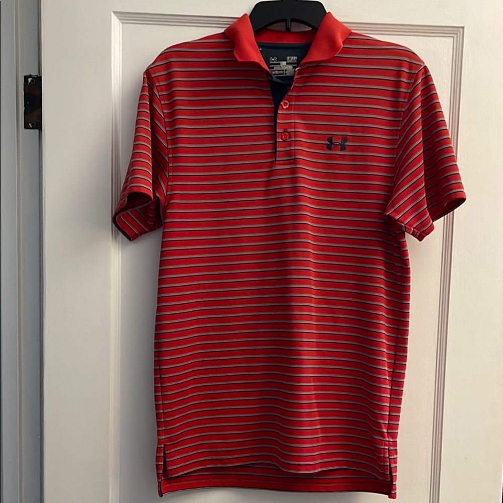 Under Armour Red Striped Polo Shirt Sporty Casual. Size S, loose fit